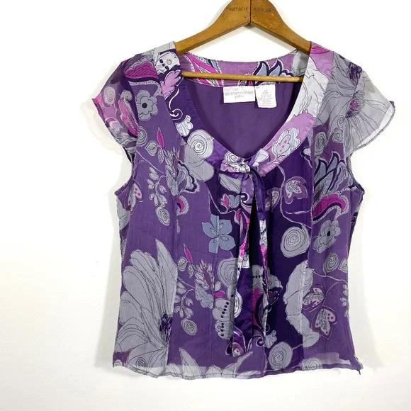 Worthington Tops 0 Silk Short Sleeve Purple Petite Blouse Silk Crepe With Satin Trim Lined Poshmark